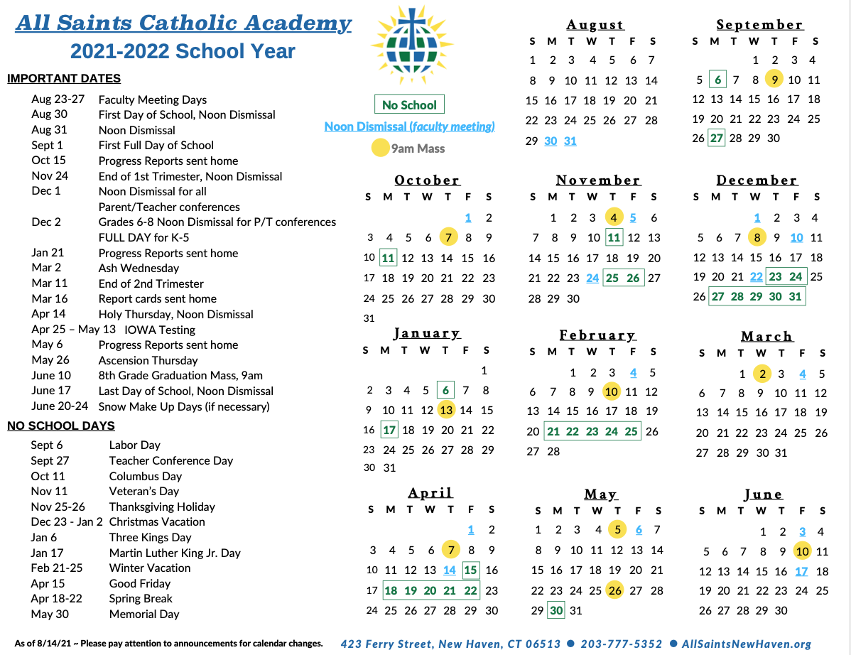 School Calendar All Saints Catholic Academy (ASCA) New Haven, CT