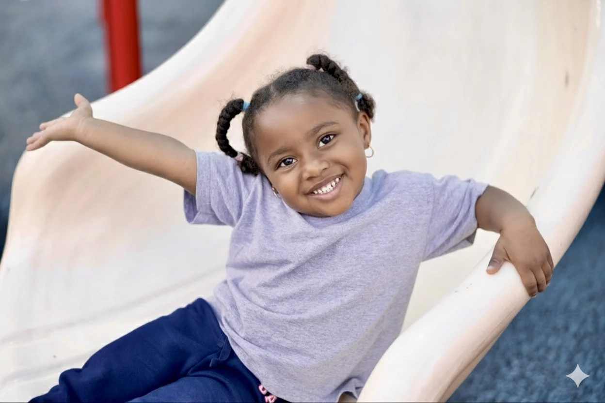 student smiling while coming down slide